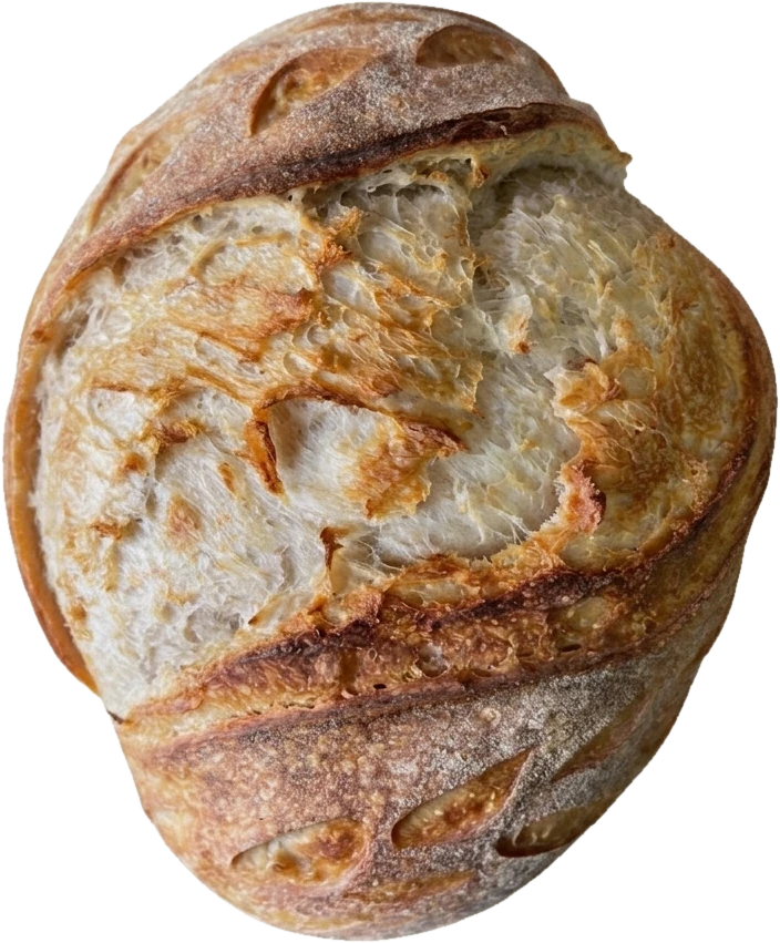 A round artisan sourdough loaf with a deeply scored, golden-brown crust dusted with flour.